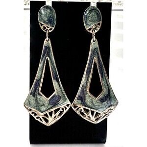 Vintage Edgar Berebi Enamel Dangle Earrings Green Blue Art Deco